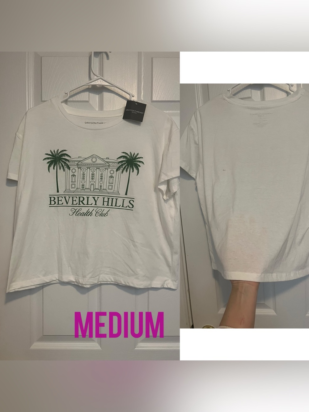 Grayson/Threads white with green palm trees,Beverly hills crop top medium